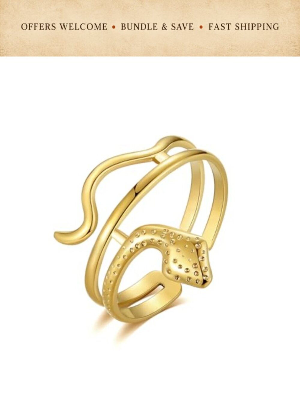 18k Gold Plated Stainless Steel Snake Ring Adjustable Statement